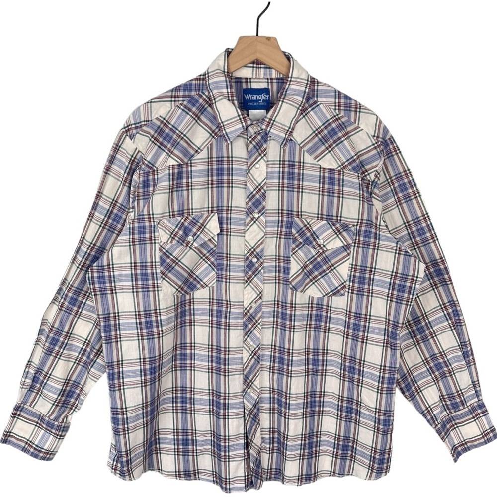 Vintage Wrangler Shirt Mens XL Western Pearl Snap Plaid Long Sleeve Pointed Yoke